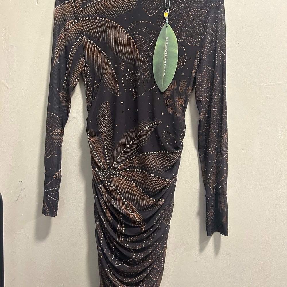 NWT FARM RIO Gold Foliage Black Mesh Midi